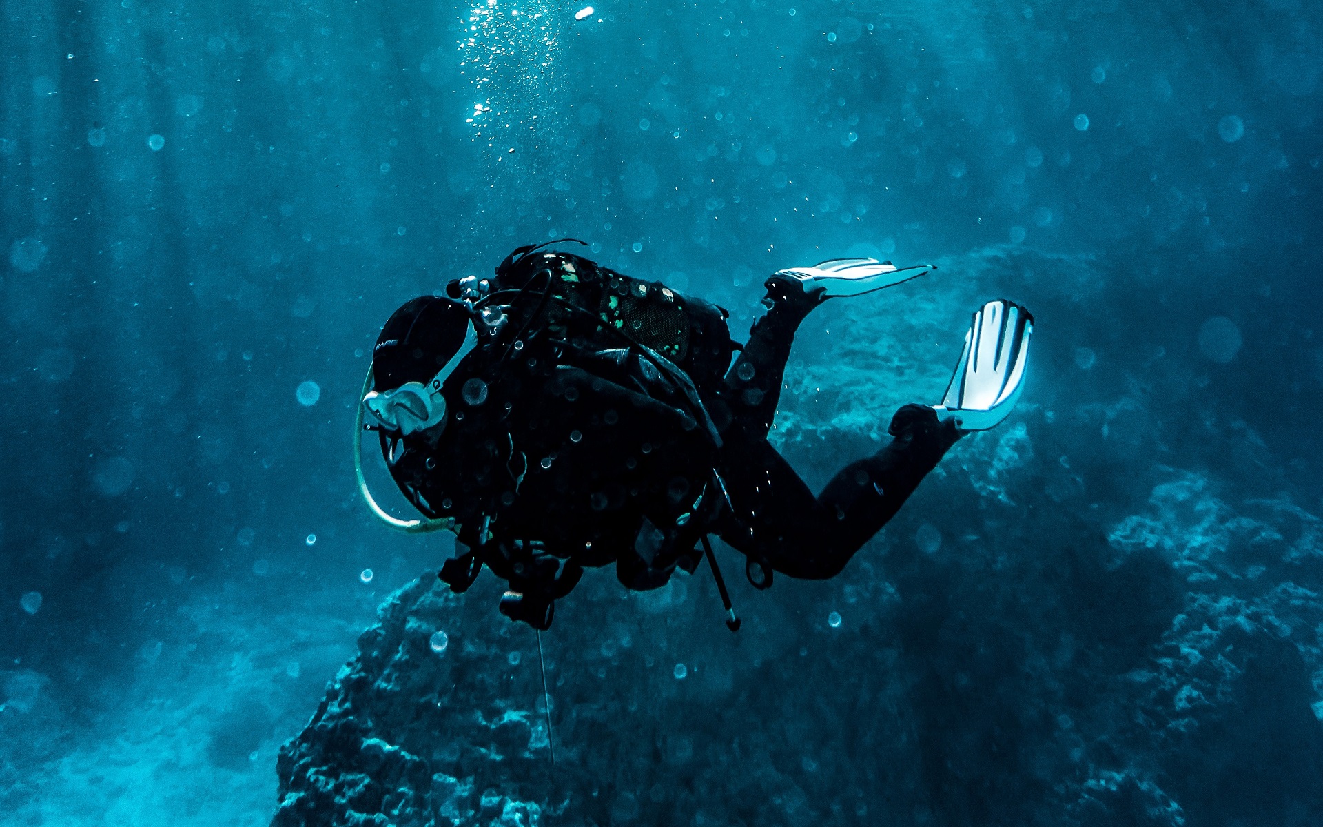 'Image taken underwater of a person scuba diving'